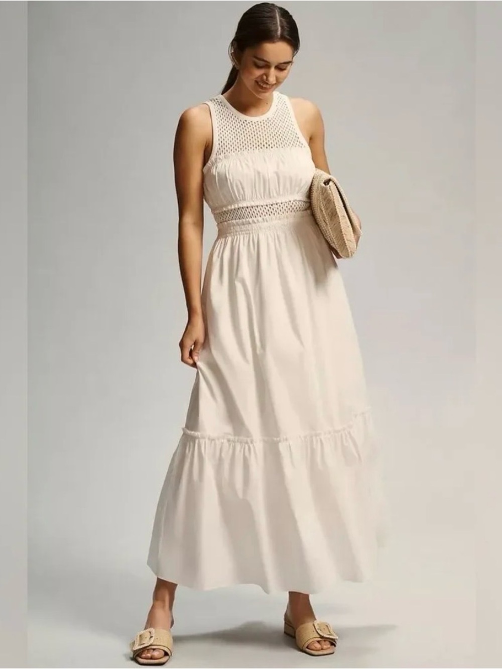 Anthropologie x Mare Mare Classic Smocked Tiered Preppy White Maxi Dress S